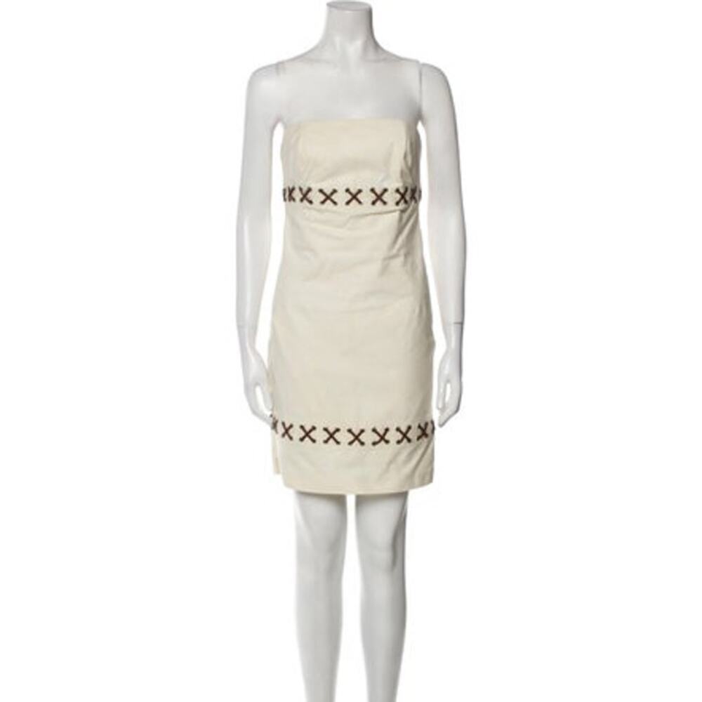 NWT Michael Kors Strapless White Dress Brown Leather Stitching Design Top size 6